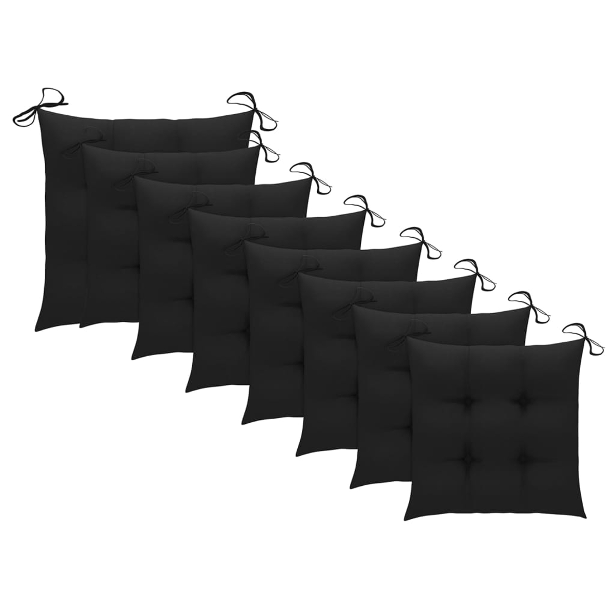 Acht schwarze Sitzkissen mit Bindebändern sind diagonal angeordnet. Jedes Kissen hat ein getuftetes Design. Der Hintergrund ist weiß.