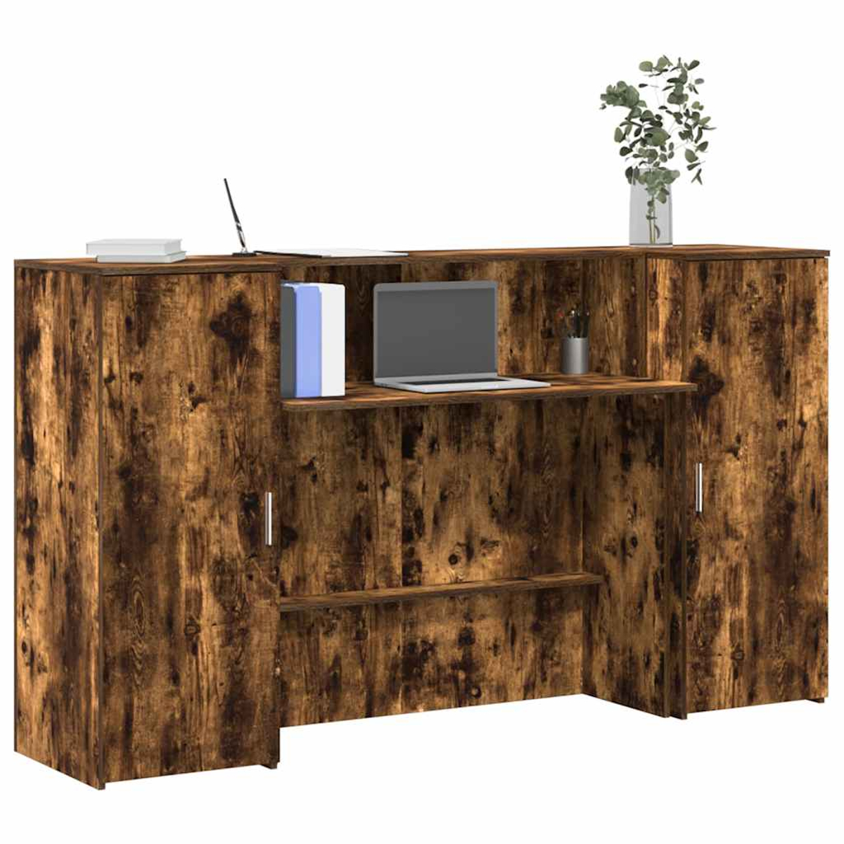 Holzschreibtisch mit Laptop, Büchern, einer Vase mit Pflanzen und einem Stifthalter. Es hat ein rustikales Holzmaserungsmuster.
