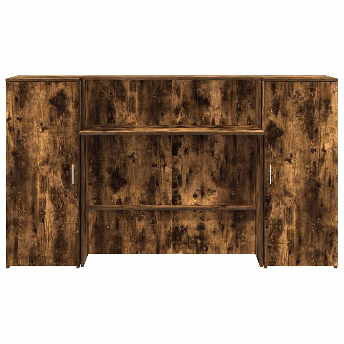 Ein brauner Holzschrank mit zwei Seitenschränken, Regalen und einem Mittelteil. Das Holz hat ein rustikales, abgenutztes Aussehen.