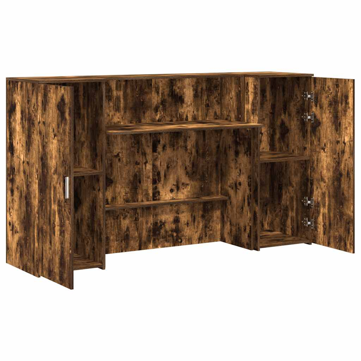 Ein Holzschrank mit zwei offenen Türen und Regalen. Das Holz hat eine dunkelbraune, strukturierte Oberfläche. Scharniere sind sichtbar.