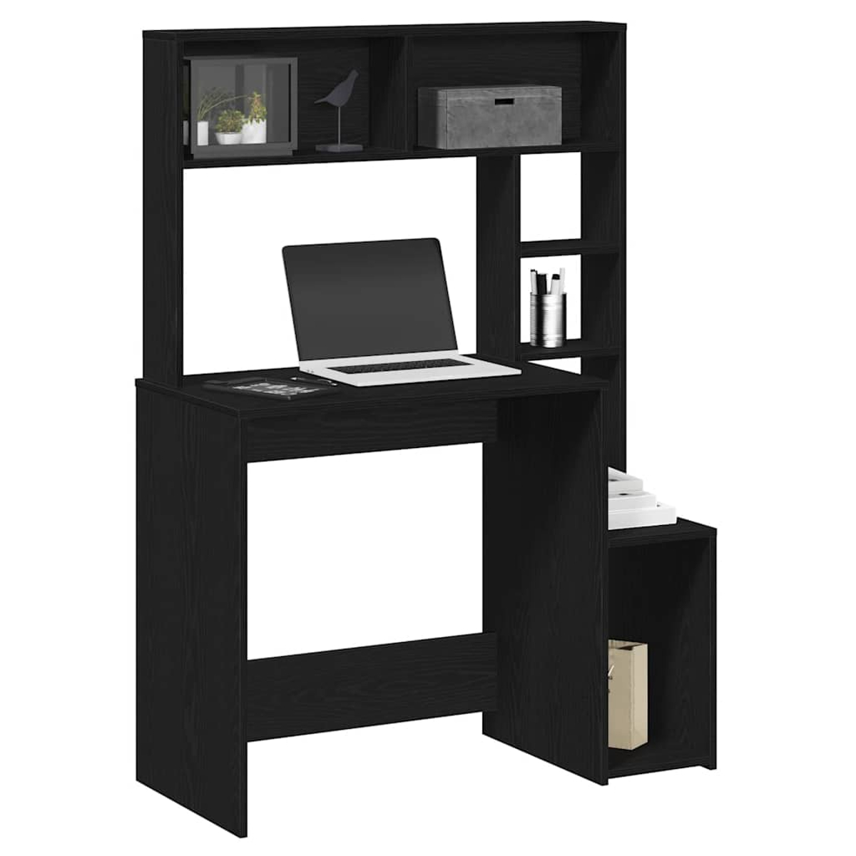 Schwarzer Holzschreibtisch mit Regalen. Auf dem Schreibtisch steht ein Laptop. Regale beherbergen eine Box, Pflanzen, Bücher und eine Vogelstatue.