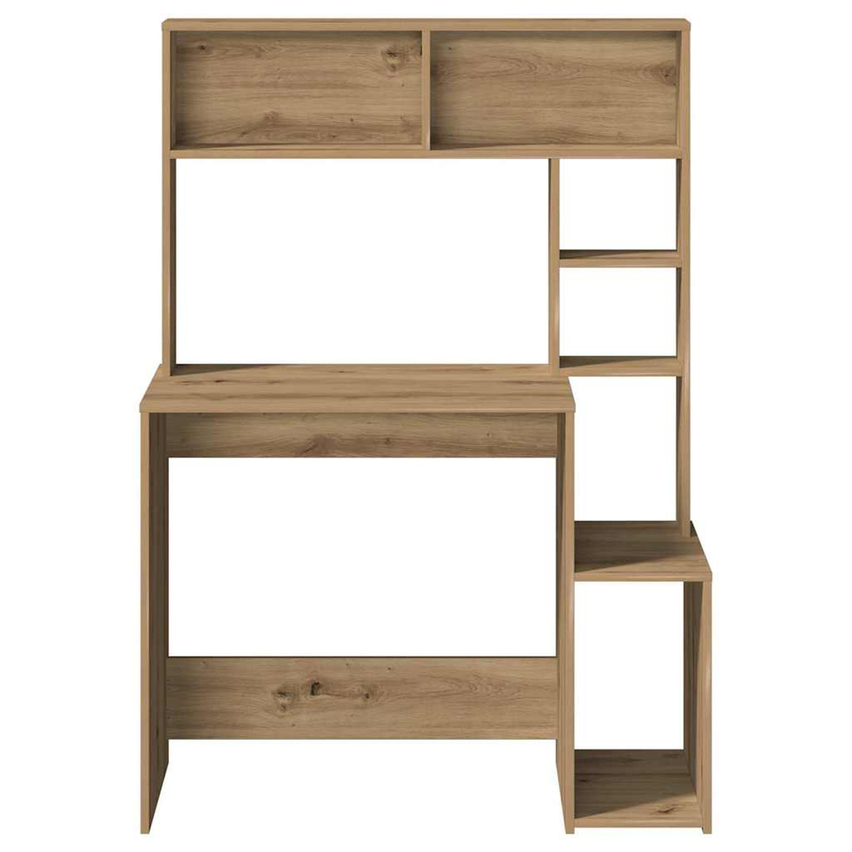 Ein Holzschreibtisch mit Regalen. Der Schreibtisch hat eine Arbeitsfläche, ein oberes Regal und Seitenregale. Er ist hellbraun, der Hintergrund ist weiß.