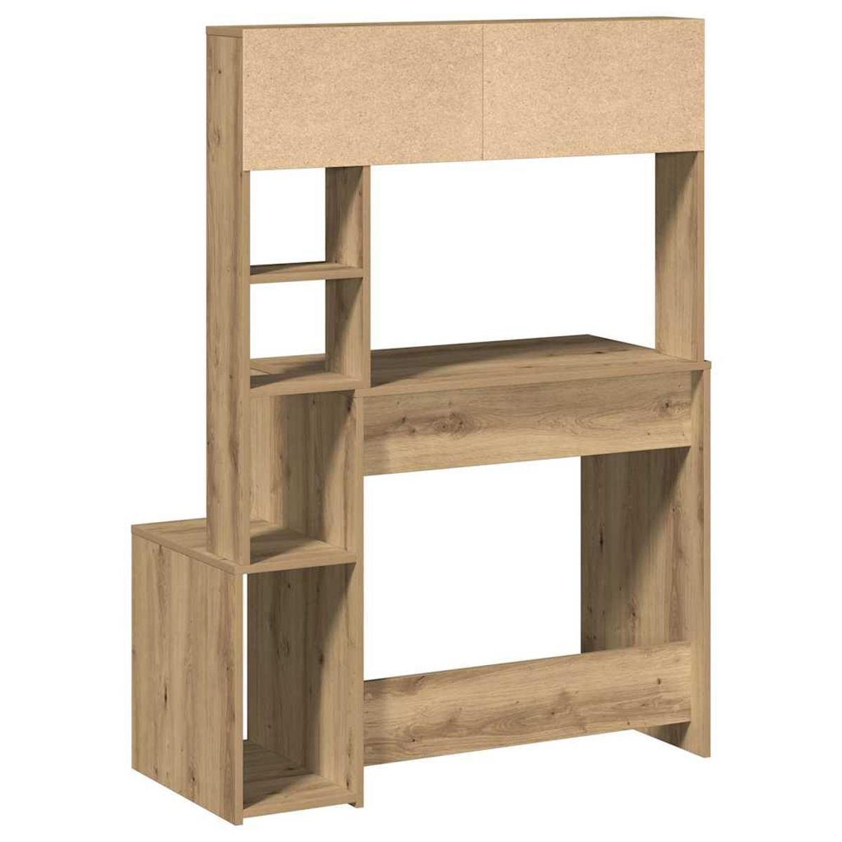 Ein Holzschreibtisch mit Regalen und einem oberen Schrank ist zu sehen. Es hat eine hellbraune Farbe mit Holzmaserung.