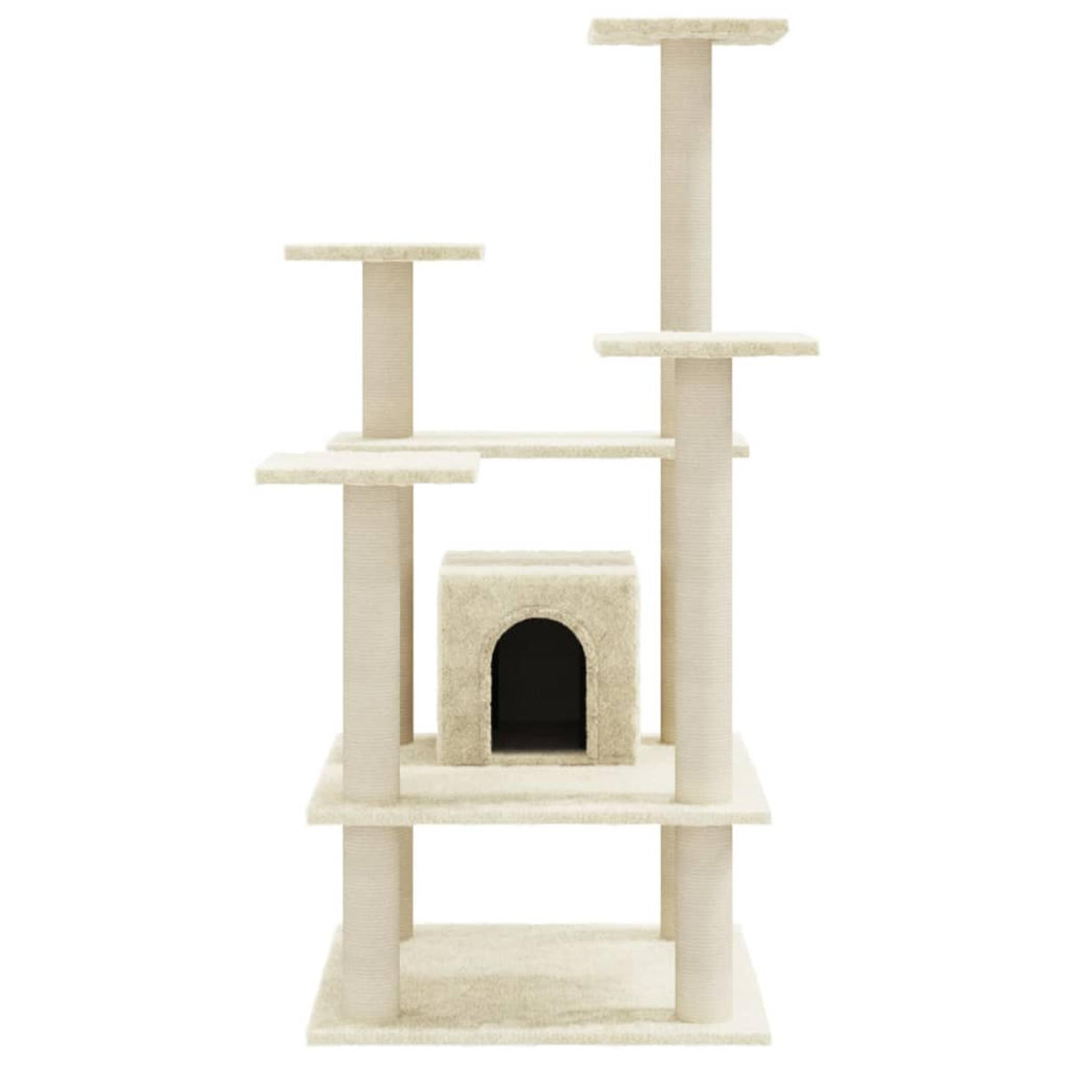 Ein beiger Katzenbaum steht vor weißem Hintergrund. Er hat mehrere Plattformen, Pfosten und ein kleines Haus mit dunklem Eingang.
