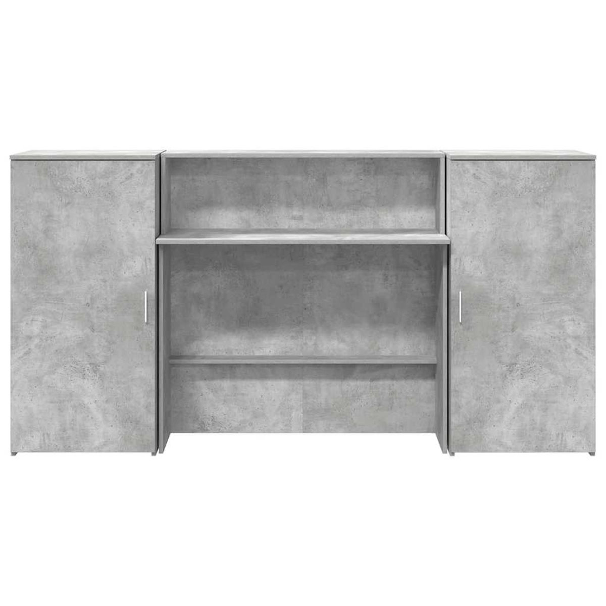Ein Schrank im Beton-Stil mit Regalen und Türen wird gezeigt. Der Schrank ist grau mit einer strukturierten Oberfläche.