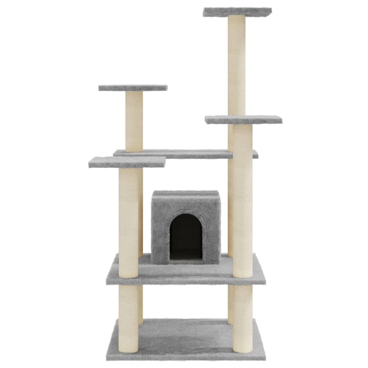 Ein grauer Kratzbaum mit mehreren Plattformen, einem Haus und Kratzpfosten. Beige Pfosten tragen graue Plattformen. Ein Katzenhaus befindet sich in der Mitte.