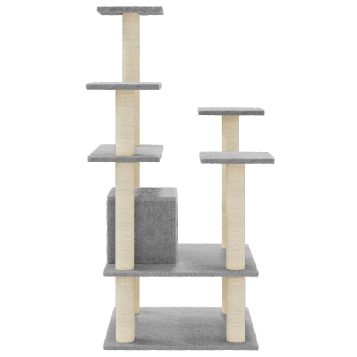 Ein Katzenbaum mit mehreren Ebenen, Plattformen und Kratzpfosten. Er hat graue Teppichoberflächen und beige Pfosten, auf weißem Hintergrund.