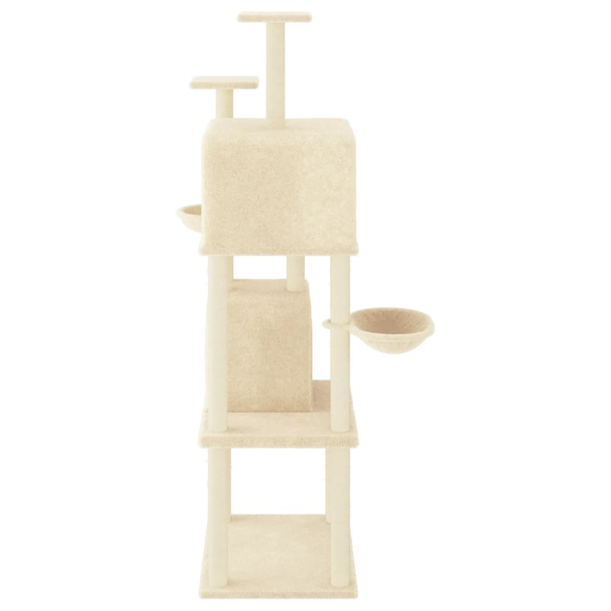 Ein beiger Katzenbaum mit mehreren Plattformen, einem Versteck und zwei schalenförmigen Betten. Er hat ein hohes, vertikales Design, vor weißem Hintergrund.
