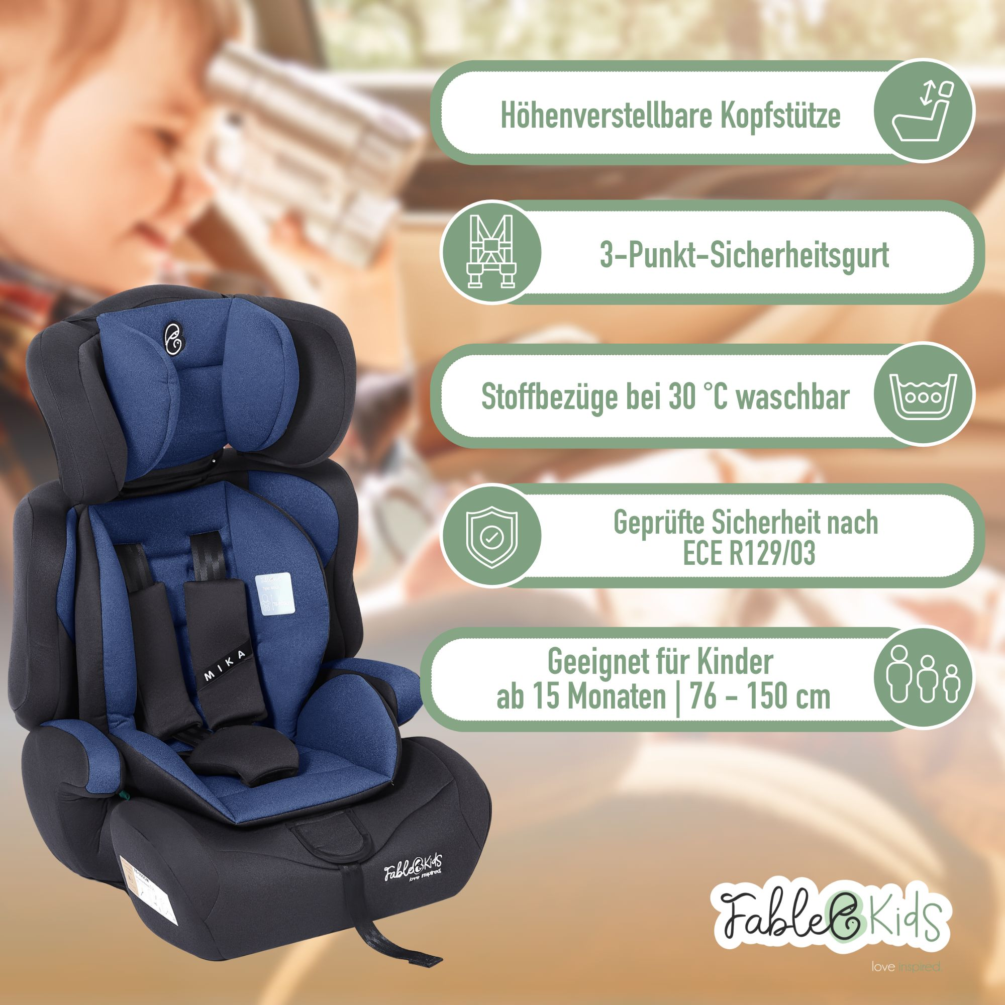 Ein blau-schwarzer Kindersitz mit Sicherheitsmerkmalen wird angezeigt. Er ist für Kinder von 15 Monaten bis 150 cm geeignet.