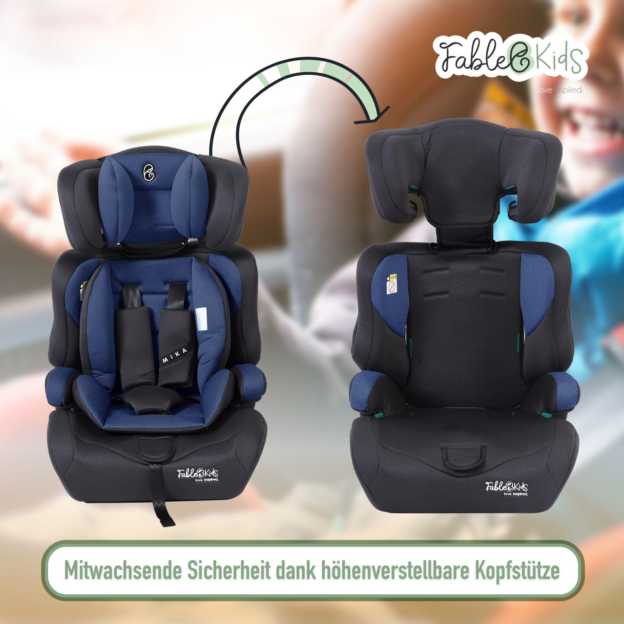 Zwei Kindersitze, einer zusammengebaut und einer zerlegt. Der montierte ist blau und schwarz, der andere ist schwarz.