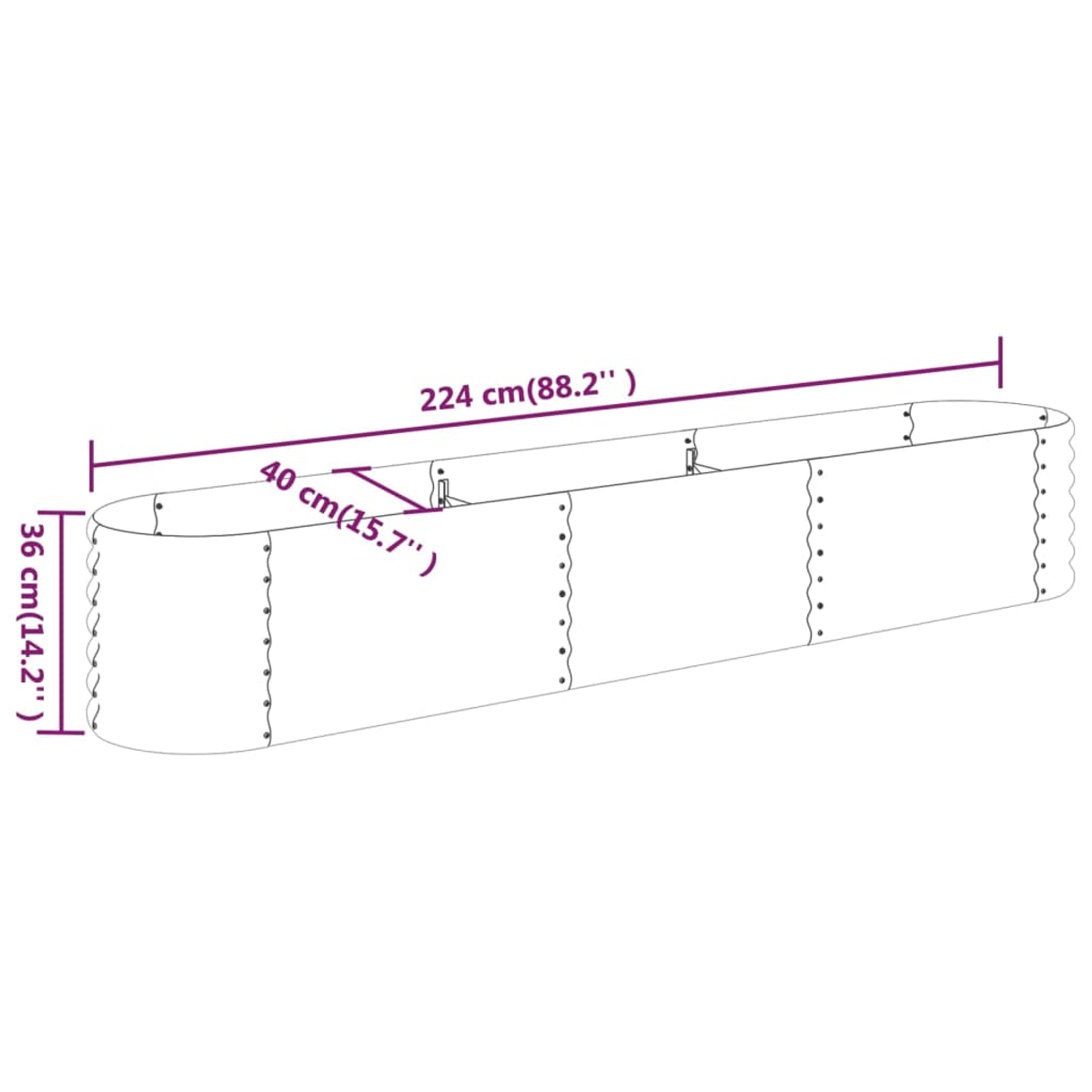 Ein länglicher, rechteckiger Pflanzkübel mit den angegebenen Abmessungen: 224 cm lang, 40 cm breit und 36 cm hoch.