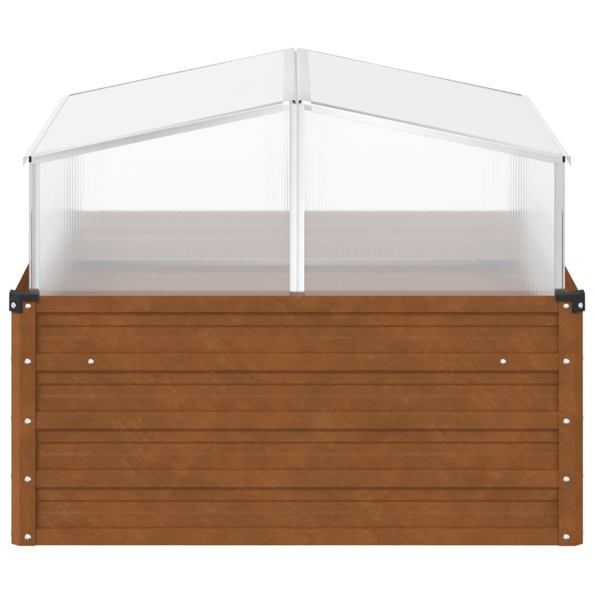 Una piccola serra con base in legno e tetto in plastica trasparente. È marrone e bianco, di forma rettangolare.