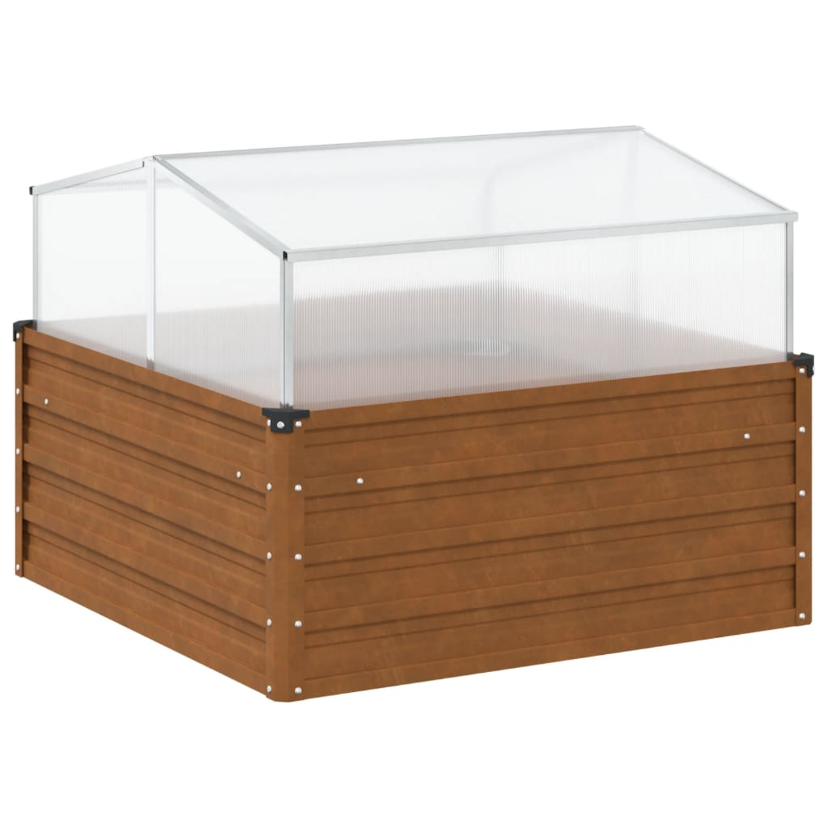 Un'aiuola rialzata in legno con una copertura per serra in plastica trasparente. Il legno è marrone, la copertura è trasparente.