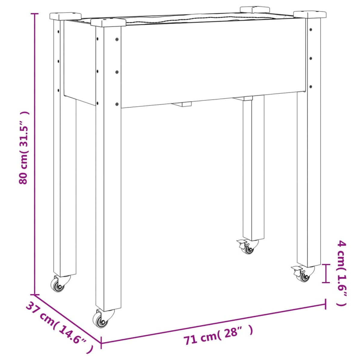 Eine hölzerne Pflanzkasten auf Rädern. Abmessungen sind beschriftet: 80cm hoch, 71cm lang, 37cm breit und 4cm für die Räder.