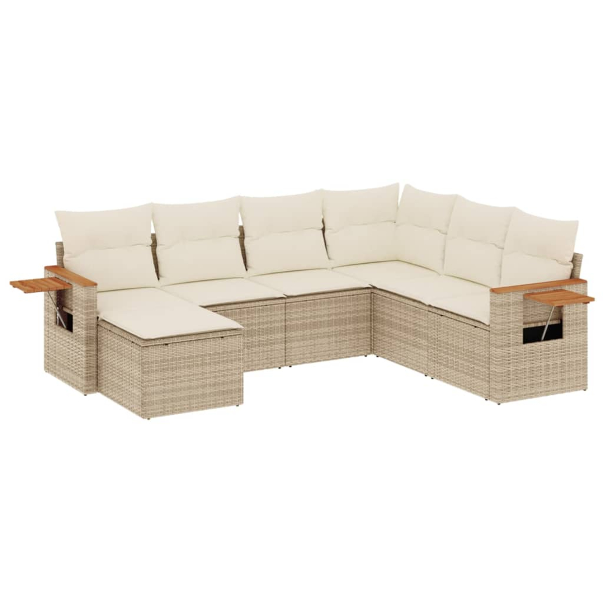 Un divano da esterno beige a forma di U con cuscini color crema. Ha tavolini laterali integrati e si trova su sfondo bianco.
