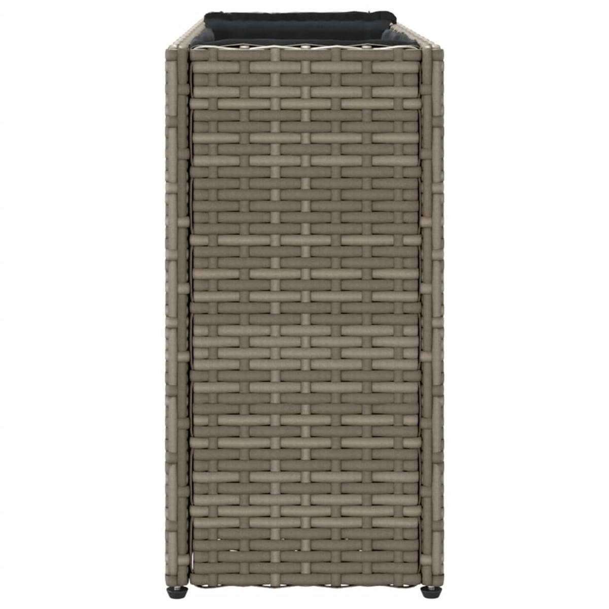 Ein hoher, rechteckiger Außenpflanzkübel mit einem gewebten, graubraunen Wicker-Design. Ein schwarzes Kissen sitzt im oberen Rand.
