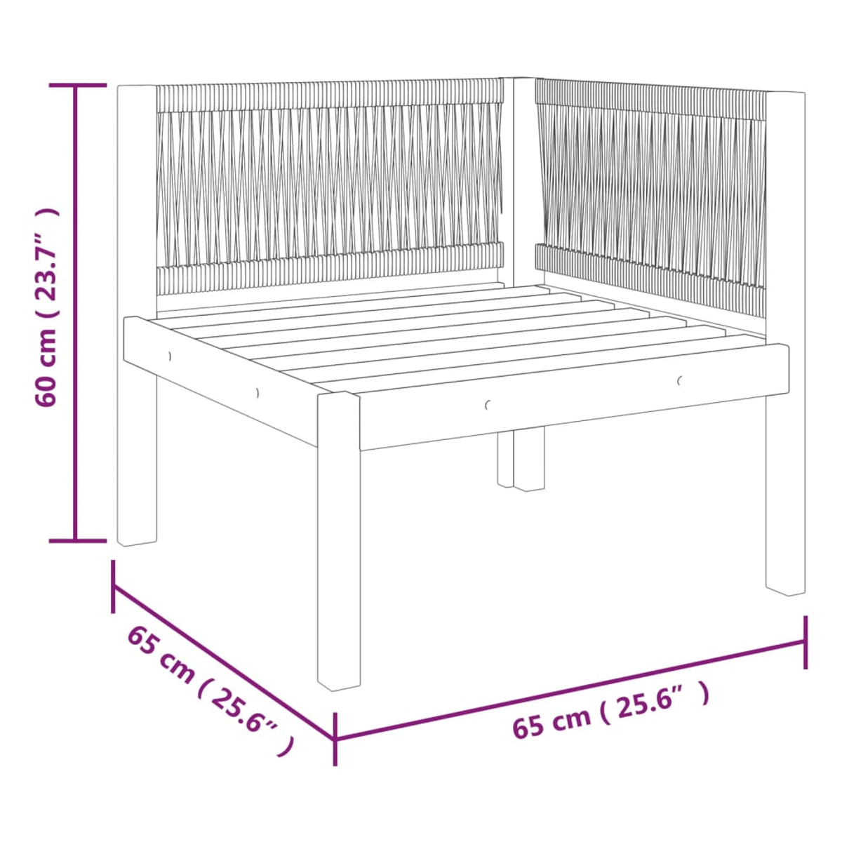 Illustration eines Ecksofas mit Maßen. Es hat einen Holzrahmen und geflochtene Rückenlehnen. Maße von 60 cm und 65 cm sind angegeben.