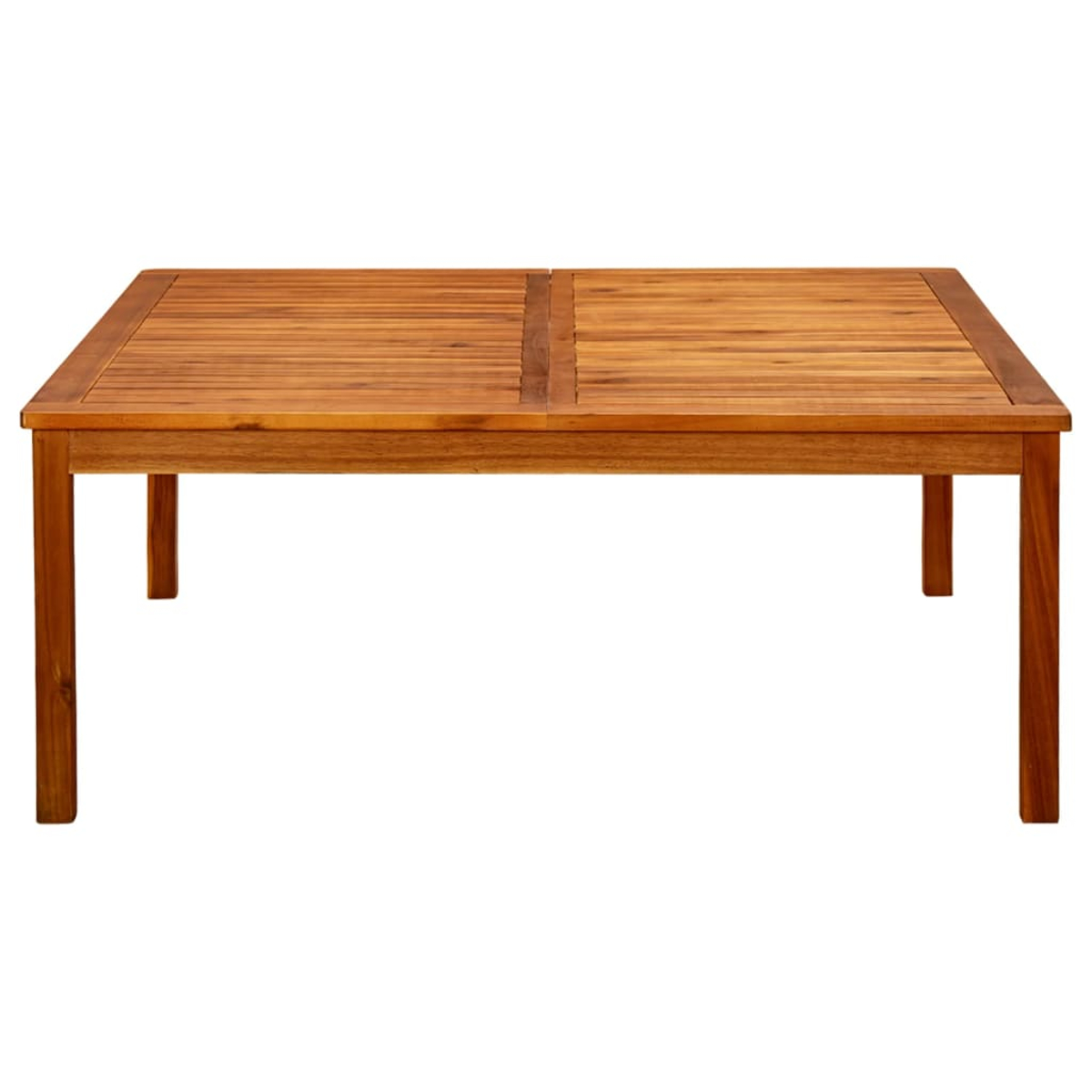 Ein rechteckiger Holztisch. Die Tischplatte besteht aus Holzbrettern. Vier Beine stützen den Tisch. Der Hintergrund ist weiß.