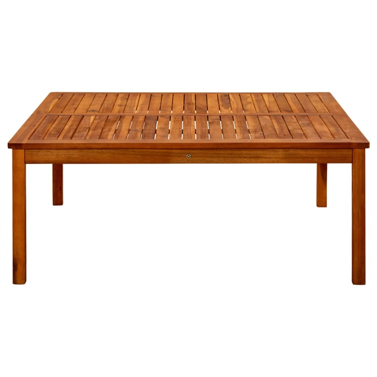 Ein rechteckiger Holztisch mit Lattenrost und vier Beinen steht vor weißem Hintergrund. Der Tisch hat eine natürliche Holzfarbe.