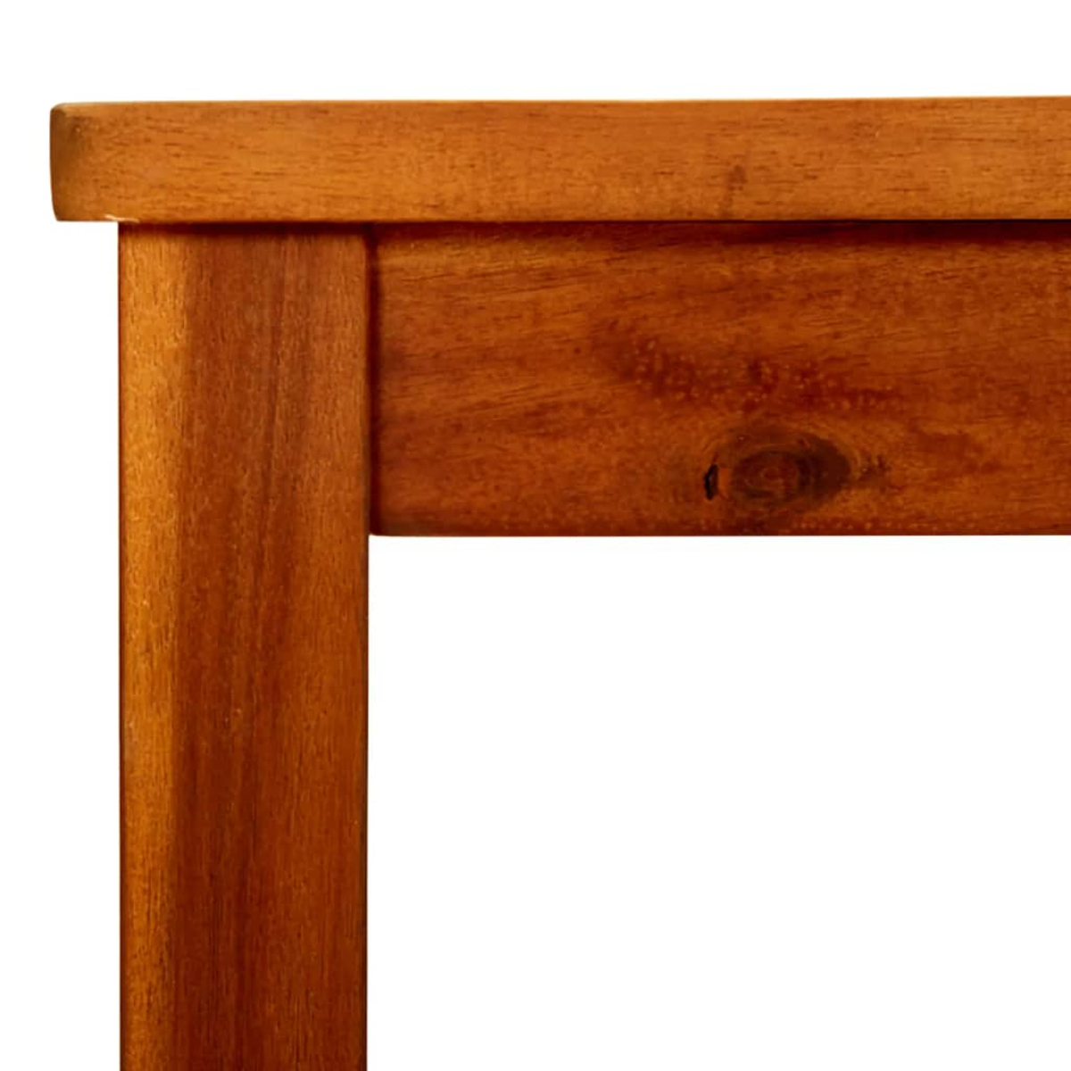 Nahaufnahme einer Holztischecke. Die Holzmaserung ist sichtbar. Der Tisch ist braun. Weißer Hintergrund.