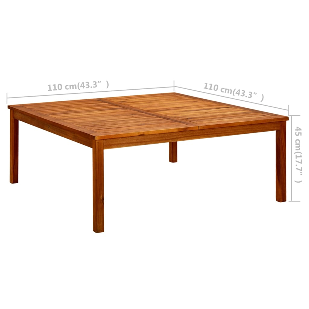Quadratischer Holztisch mit Maßangaben. Der Tisch ist braun und hat vier Beine. Die Oberfläche hat sichtbare Holzmaserung.