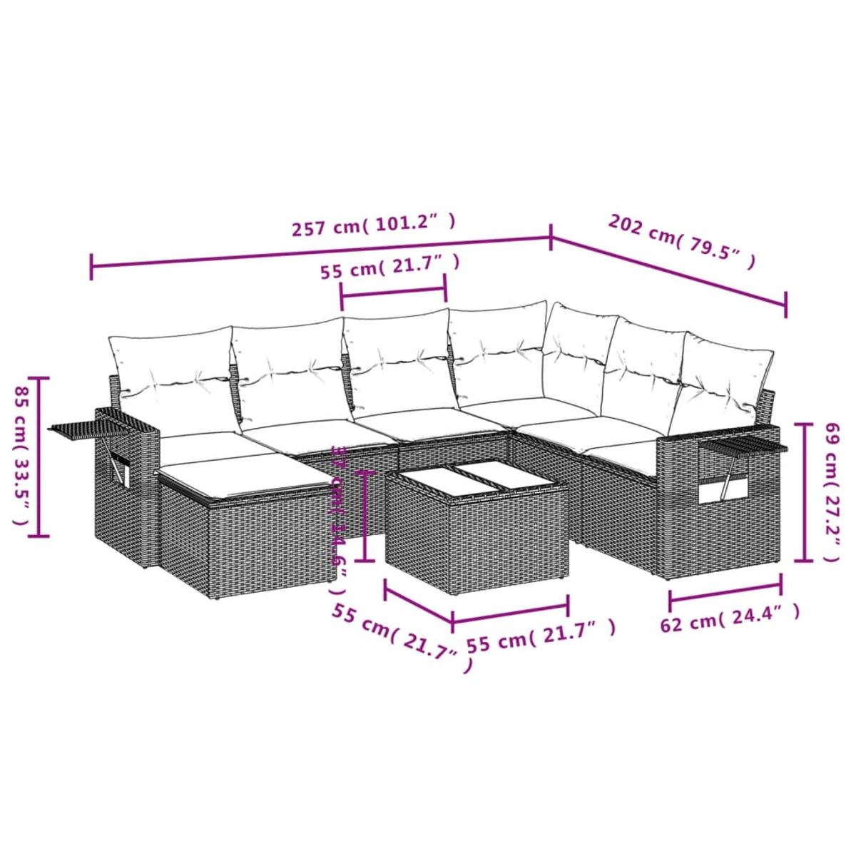 Un divano componibile in rattan da esterno con cuscini e dimensioni etichettate. Include un tavolino e dimensioni intorno al divano.