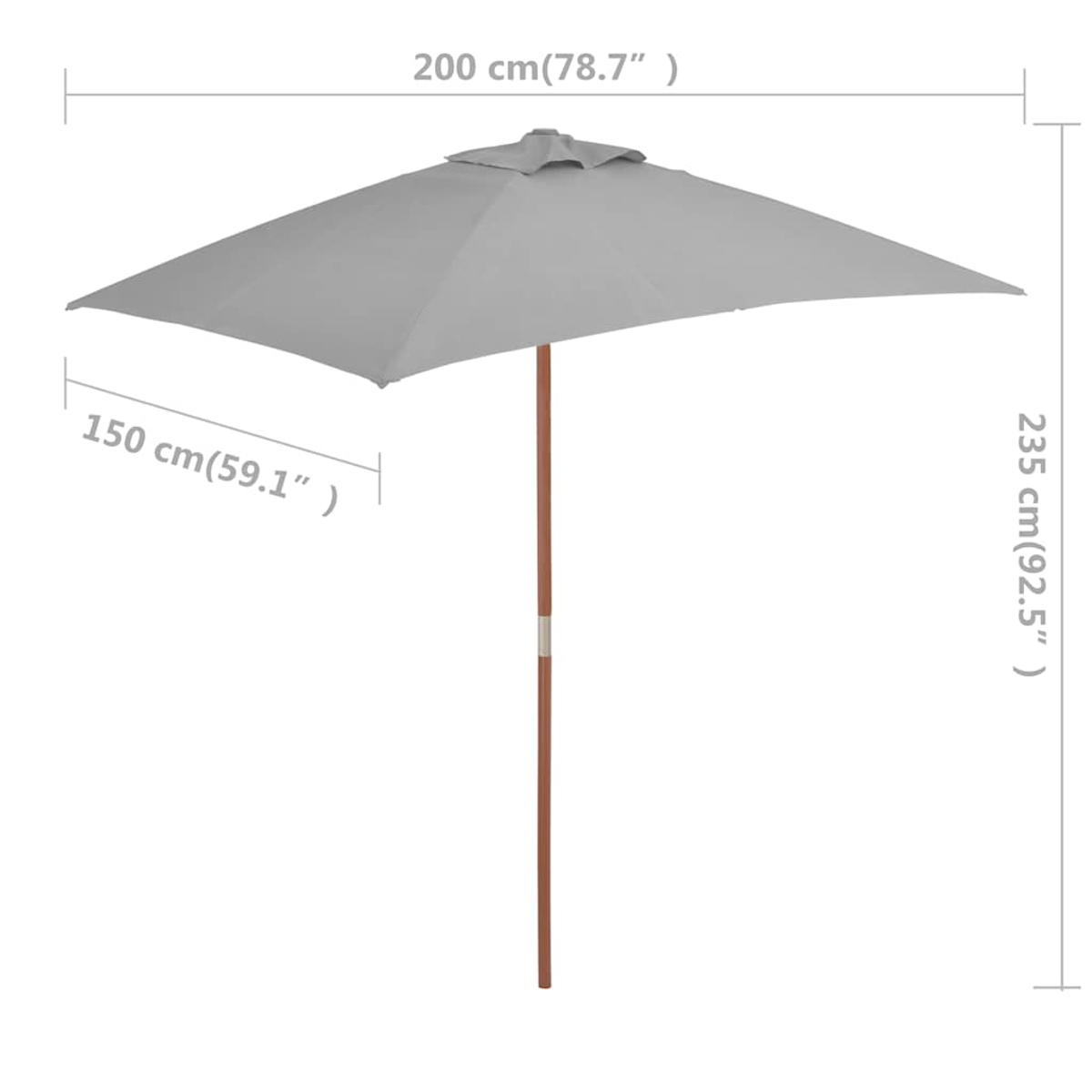 Ein grauer rechteckiger Sonnenschirm mit Holzstange. Abmessungen: 200 cm x 150 cm. Höhe: 235 cm. Das Bild ist eine Produktaufnahme.