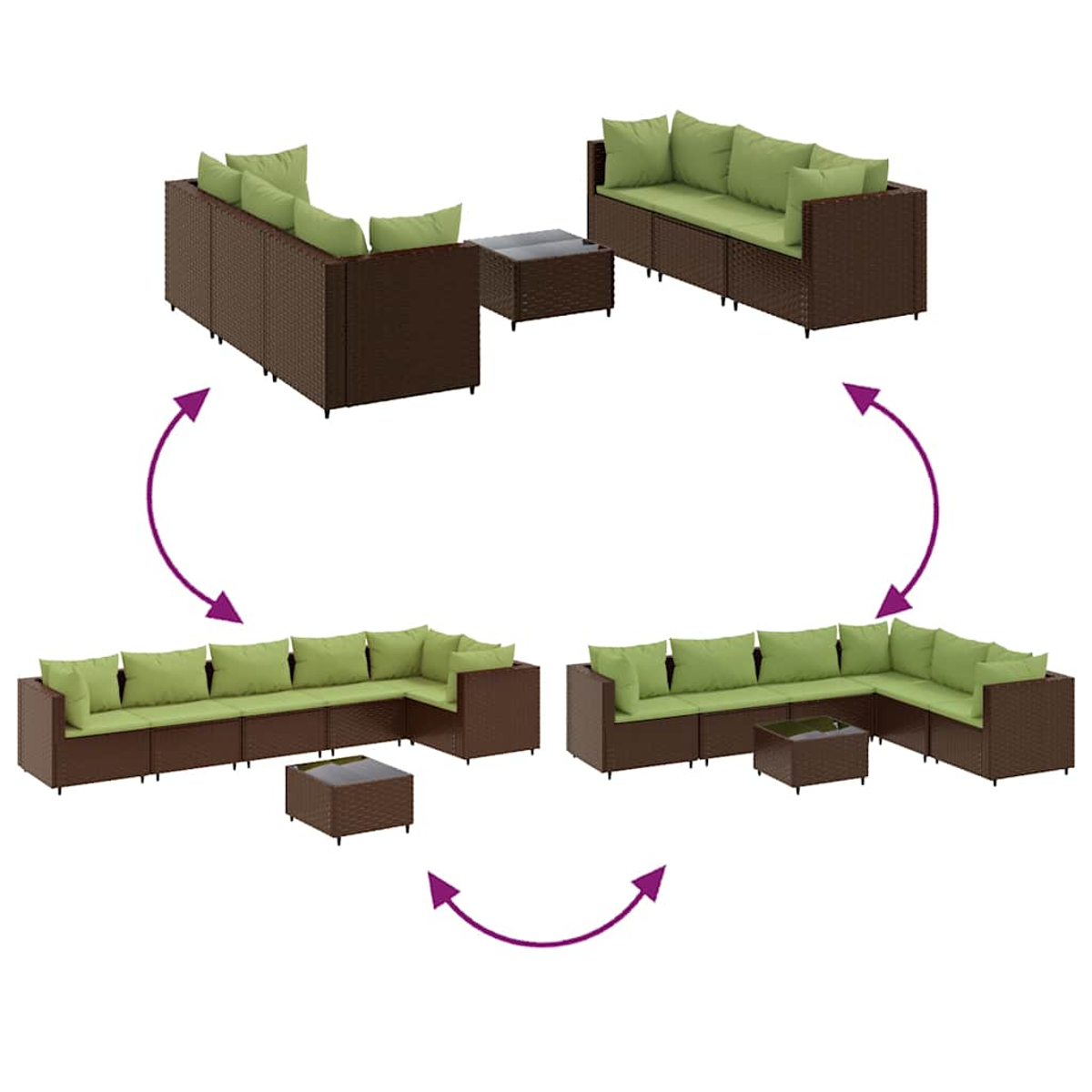 Un set di mobili da esterno in vimini marrone con cuscini e cuscini verdi. Il set include divani e tavolini, disposti in diverse configurazioni.