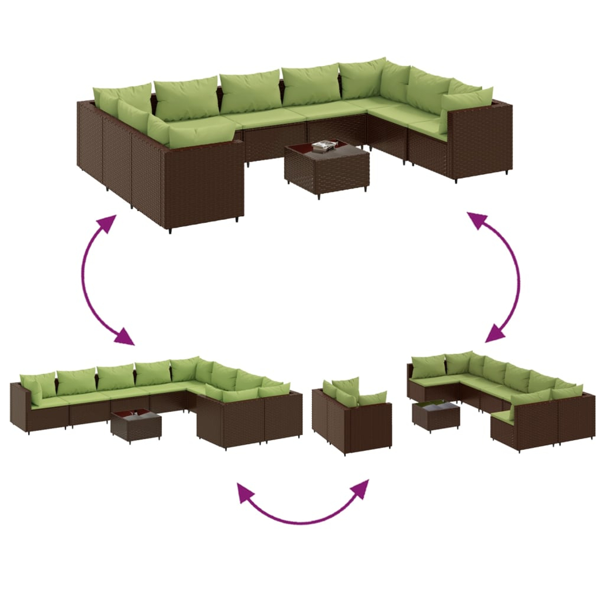 Ein braunes Rattan-Ecksofa mit grünen Kissen, in drei Konfigurationen gezeigt. Pfeile zeigen, wie die Abschnitte angeordnet werden können.