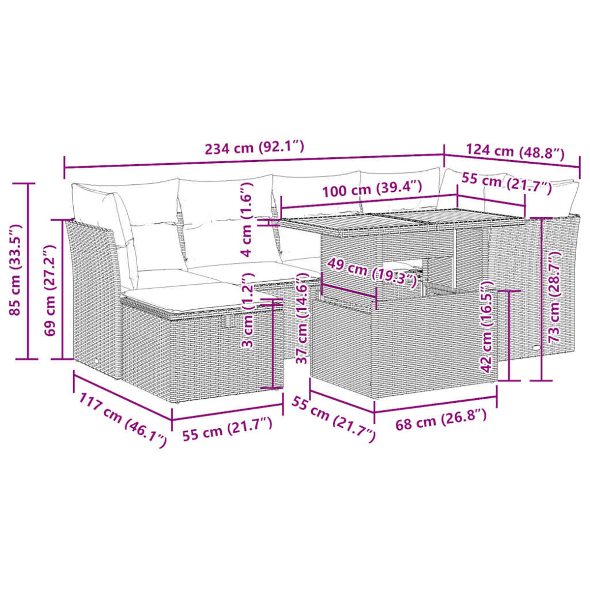 Ein Diagramm eines Outdoor-Sofas aus Korbgeflecht mit Maßangaben in Zentimetern und Zoll.