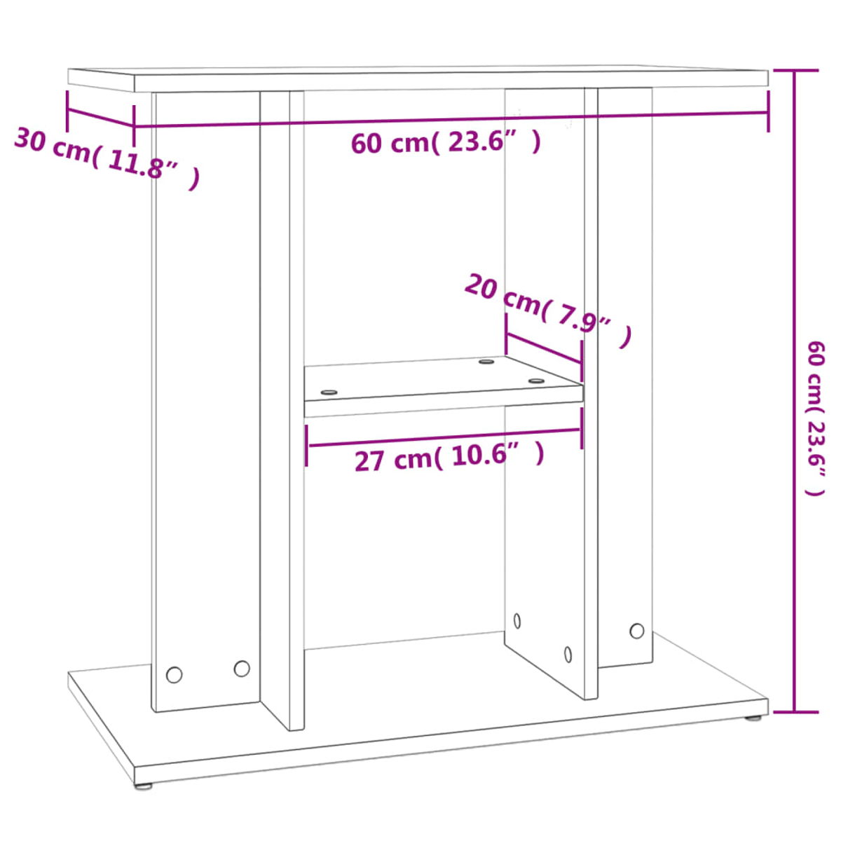 Diagramm eines kleinen Holztisches mit Maßangaben in Zentimetern und Zoll. Er hat eine Oberseite, ein Regal und eine Basis.