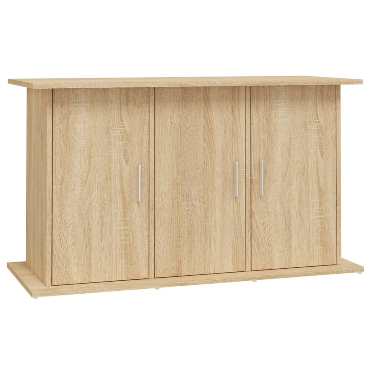 Ein helles Holzschrank mit drei Türen und silbernen Griffen. Er hat einen Sockel und eine Oberseite, alles aus Holz.