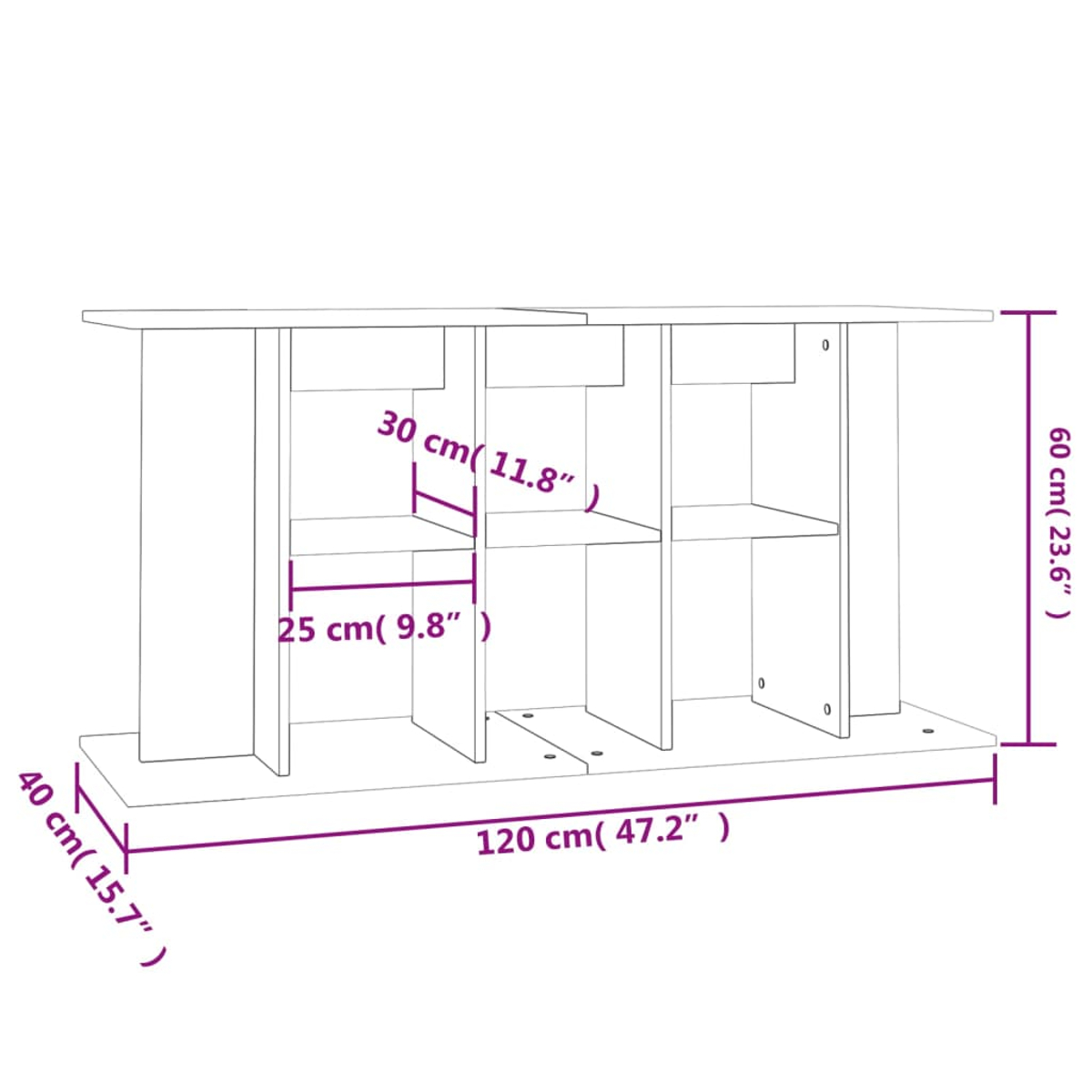 Diagramm eines weißen Schranks mit Regalen. Abmessungen sind in cm und Zoll angegeben: 120x60x40, mit einer Regaltiefe von 25 cm und einer Höhe von 30 cm.