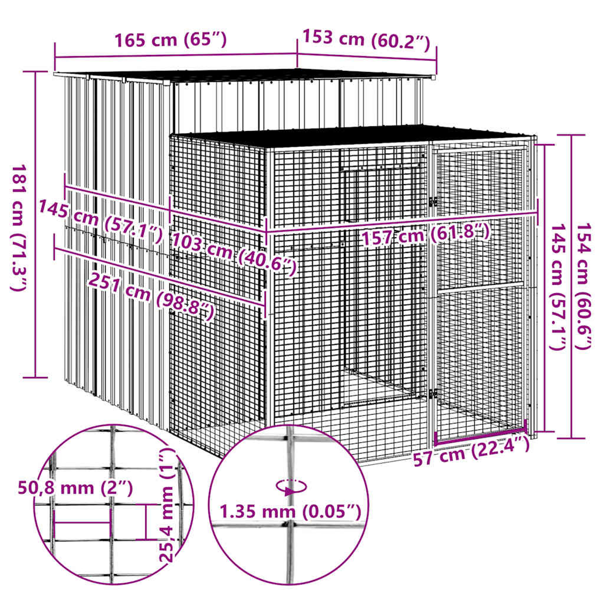 Eine metallene Katzenaußenanlage mit Abmessungen in cm und Zoll, einschließlich Nahaufnahmen der Maschendetails.