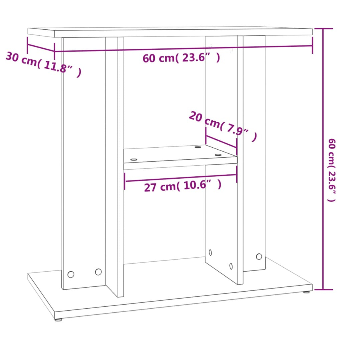 Ein weißer Holztisch mit Maßen: 60 cm breit, 60 cm hoch und ein Regal bei 27 cm. Die Maße sind in Zoll angegeben.