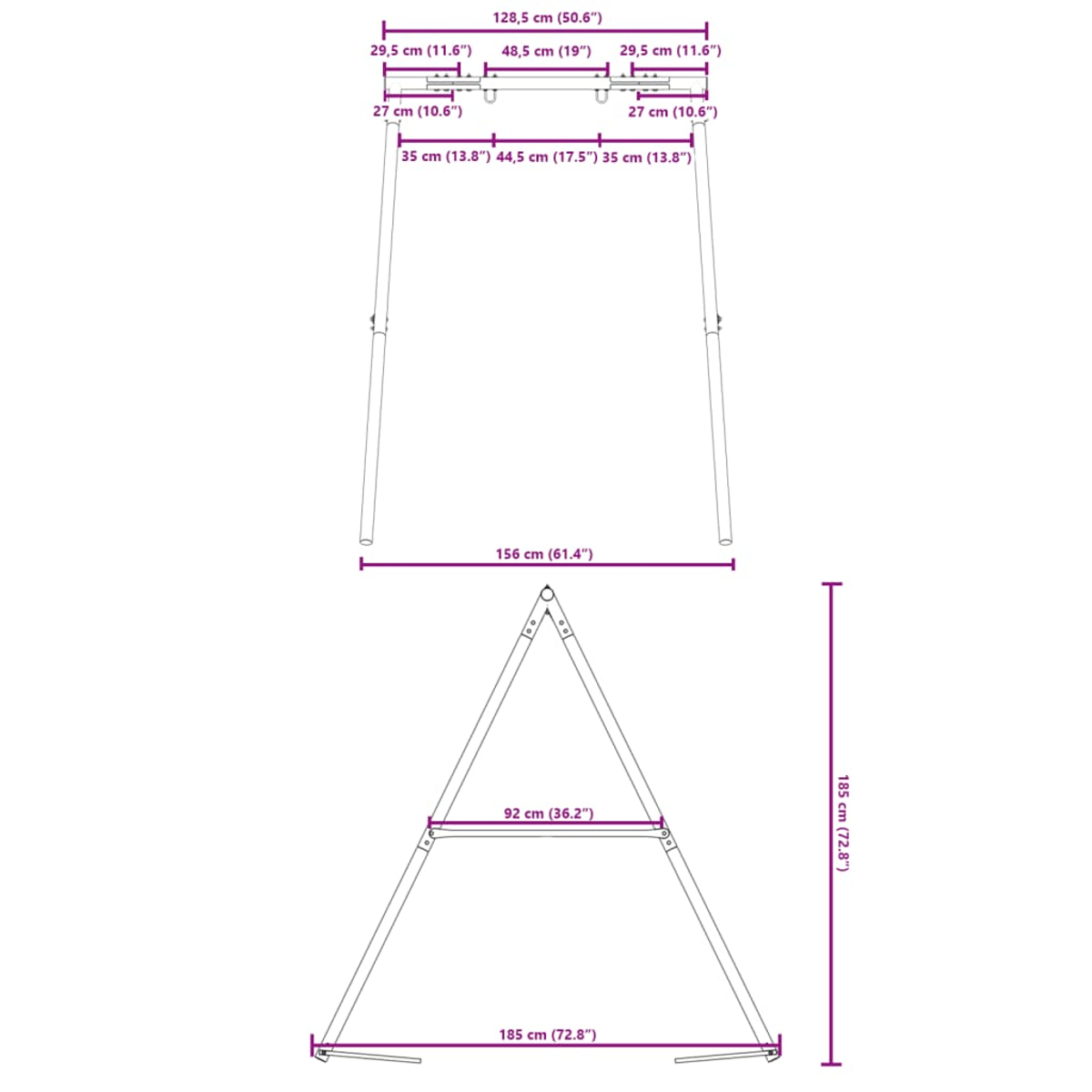 Diagramma di un telaio con misure. Ha una parte superiore orizzontale e due gambe angolate che formano una A, con dimensioni.