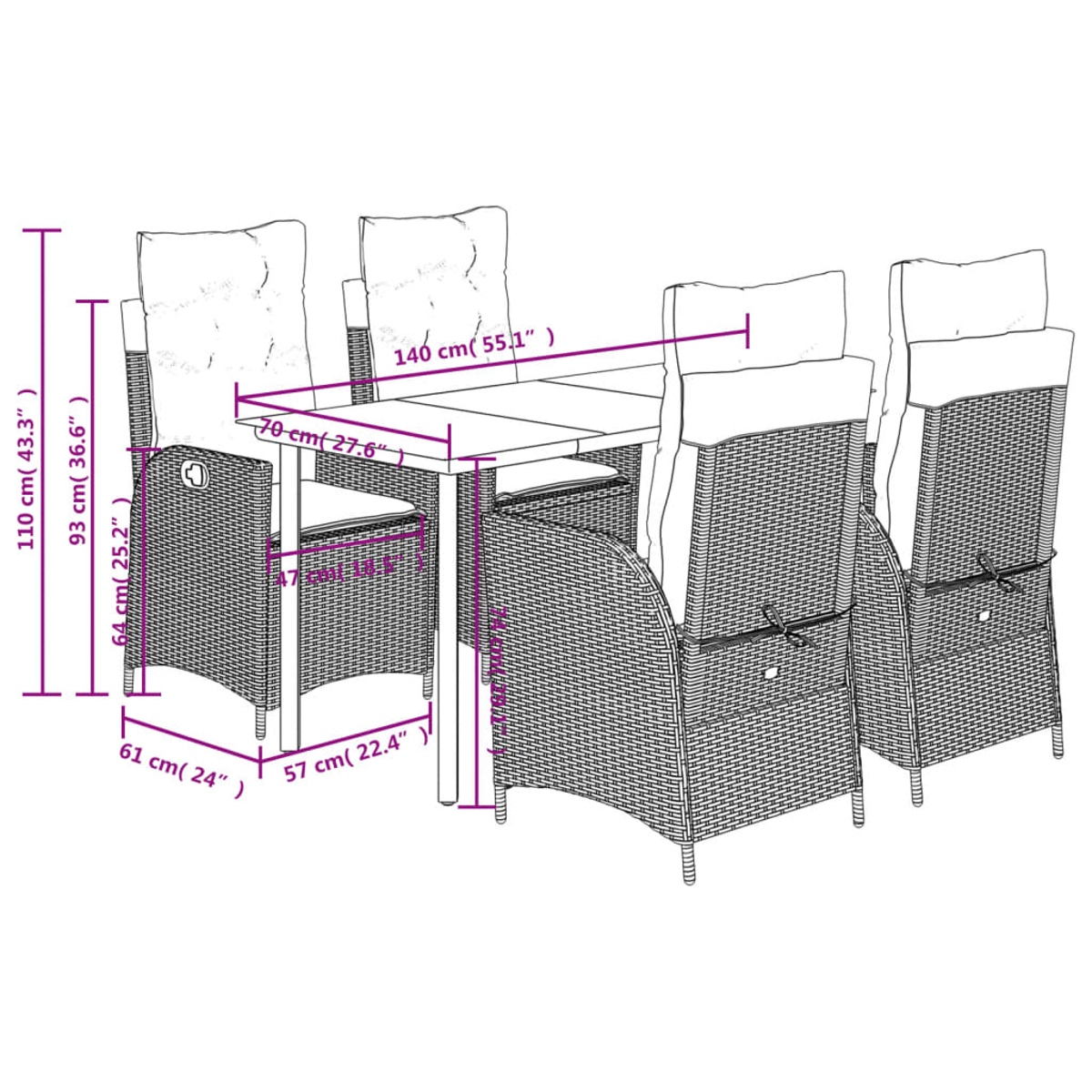 Un set da pranzo in vimini con un tavolo rettangolare e sei sedie. Le dimensioni sono visualizzate in cm e pollici, con etichette.