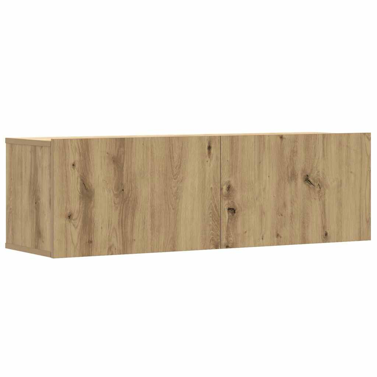 Ein holzfarbener Wandschrank mit hellbrauner Holzmaserung, zwei Türen und einem einfachen, rechteckigen Design.