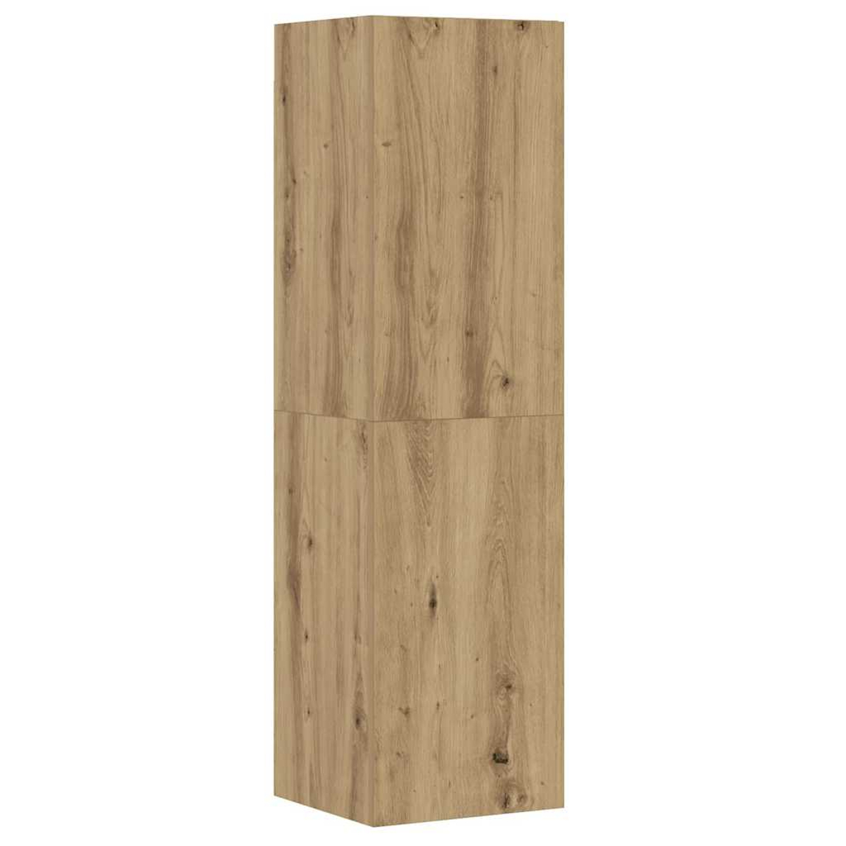 Ein hoher, rechteckiger Holzschrank mit hellbrauner Holzmaserung. Er ist in zwei Abschnitte unterteilt.