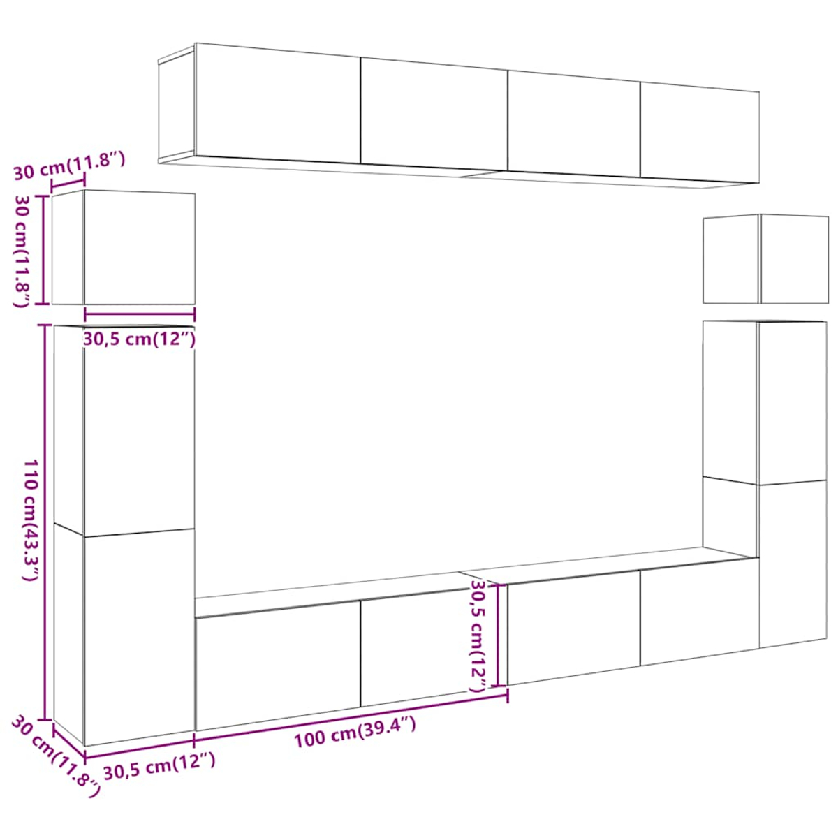 Diagramm einer weißen Wandeinheit mit Maßangaben in Zentimetern und Zoll. Enthält Schränke und Regale.