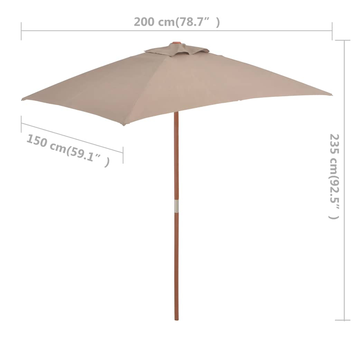 Ein beigefarbener quadratischer Sonnenschirm mit Holzstiel. Maße: 200 cm breit, 150 cm tief und 235 cm hoch.