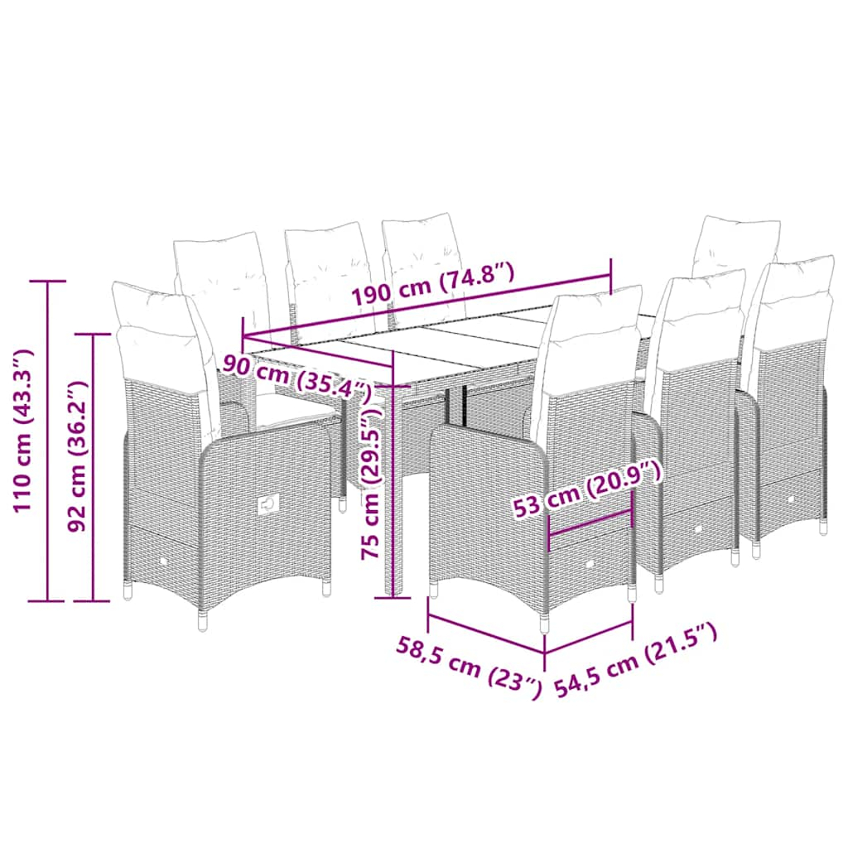 Viene mostrato un set da pranzo da esterno bianco, tra cui un tavolo rettangolare e diverse sedie in vimini con cuscini bianchi, con dimensioni etichettate.