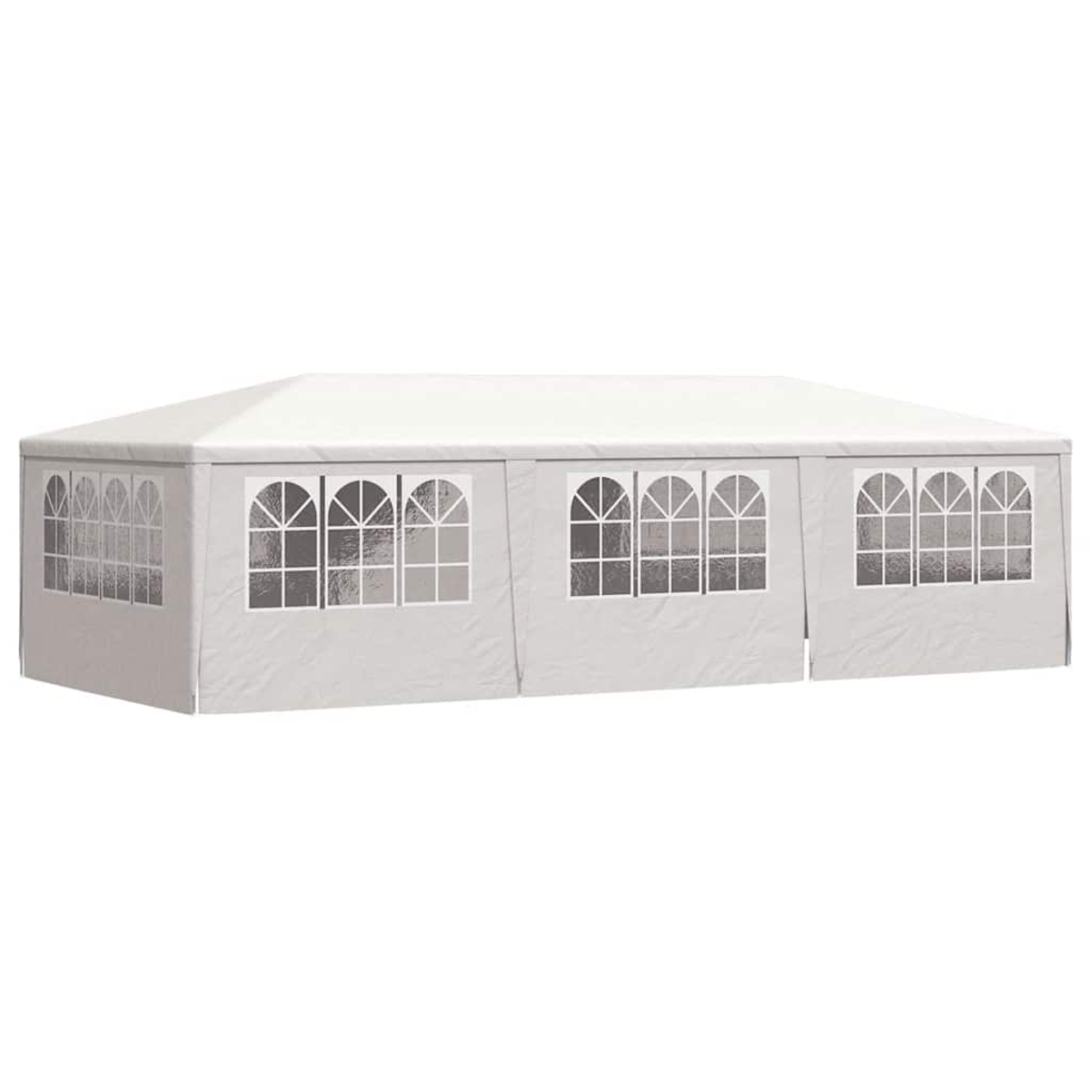 Una tienda rectangular blanca con múltiples ventanas arqueadas a los lados. La tienda está sobre un fondo blanco.