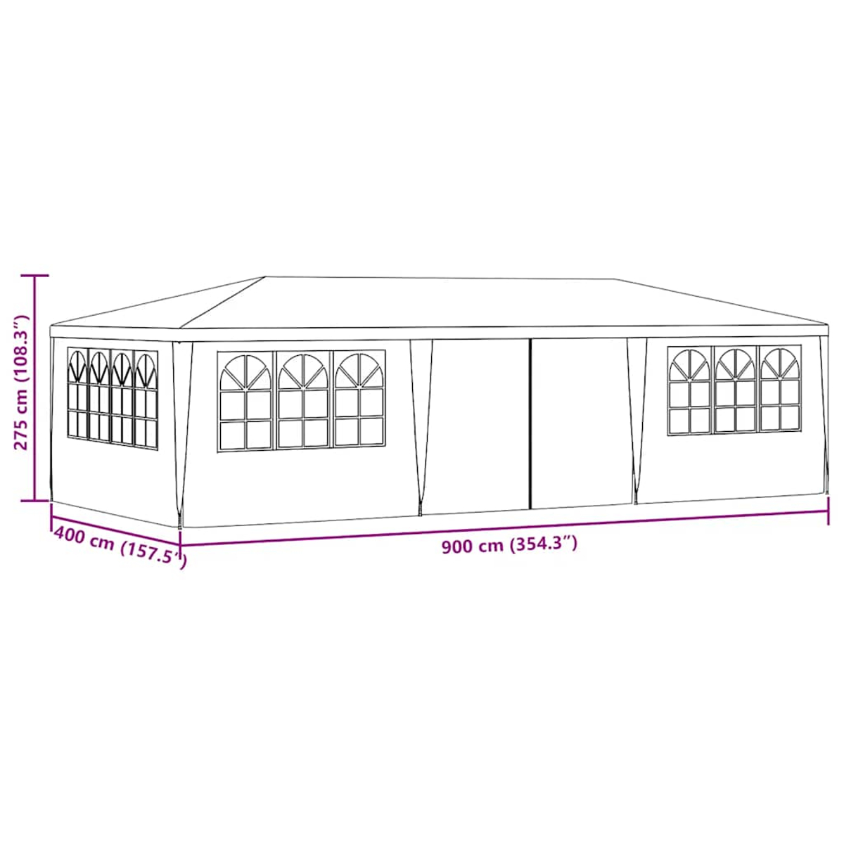 Un dibujo esquemático de una glorieta rectangular. Tiene ventanas y está etiquetado con las dimensiones: 275 cm, 400 cm y 900 cm.