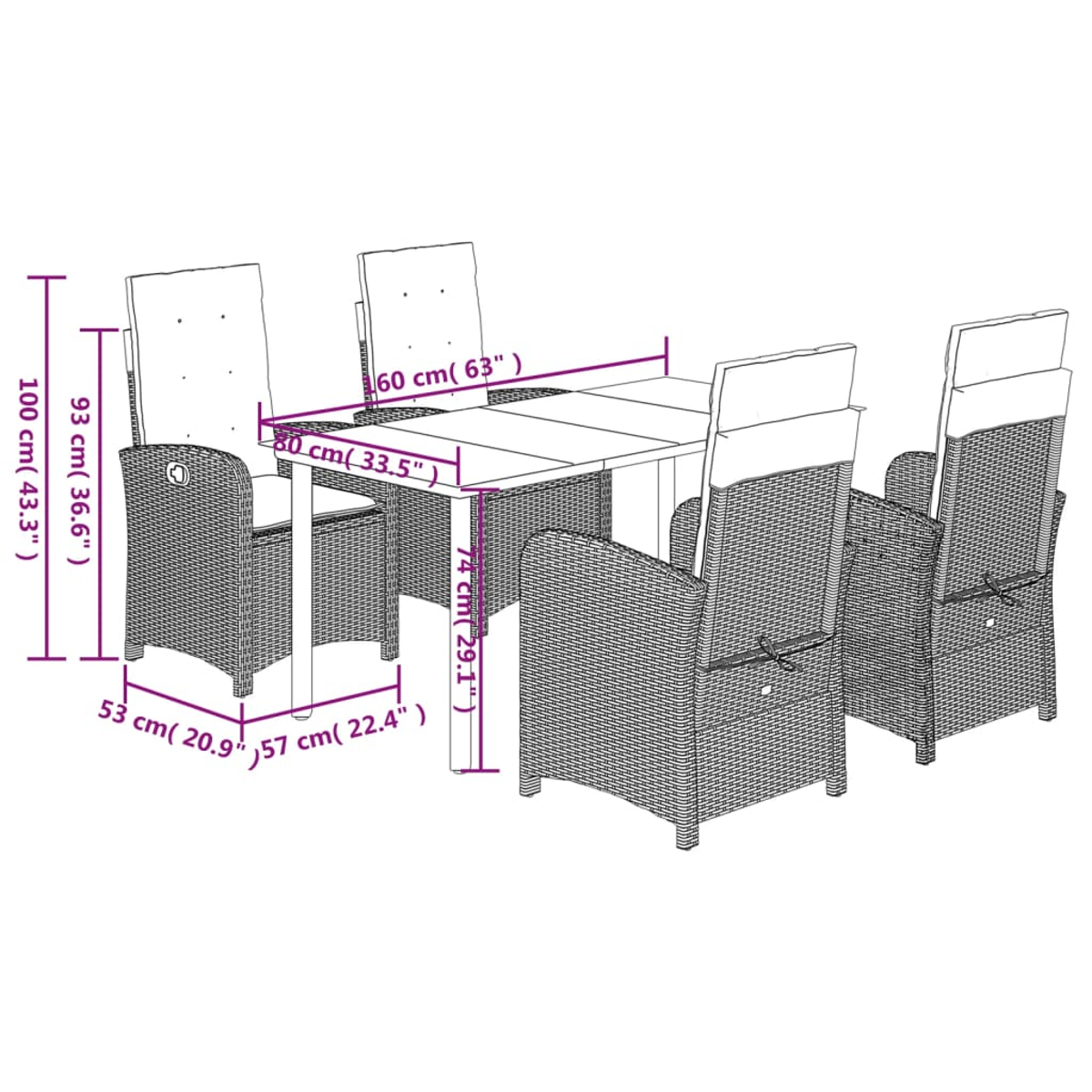 Ein Ess-Set für den Außenbereich aus Korbgeflecht mit einem rechteckigen Tisch und sechs Stühlen. Maße in cm und Zoll.