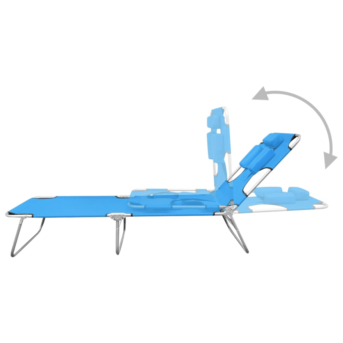 Ein blauer Strandstuhl wird gezeigt, mit einem Pfeil, der seine verstellbare Rückenlehne veranschaulicht. Der Stuhl hat ein Metallgestell.