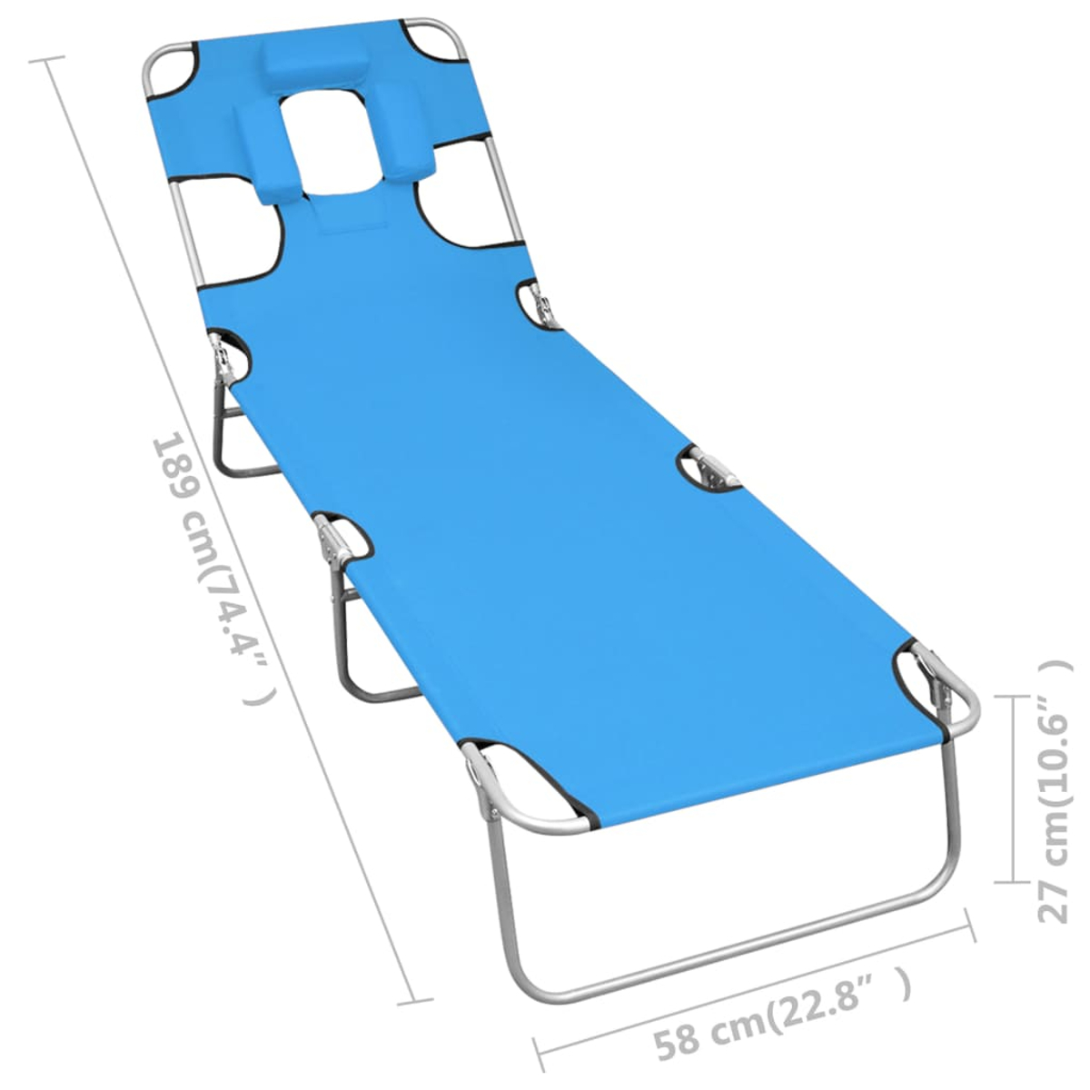 Ein blauer Strandstuhl mit silbernem Rahmen wird gezeigt. Maße sind beschriftet: 189 cm (74,4"), 58 cm (22,8") und 27 cm (10,6").