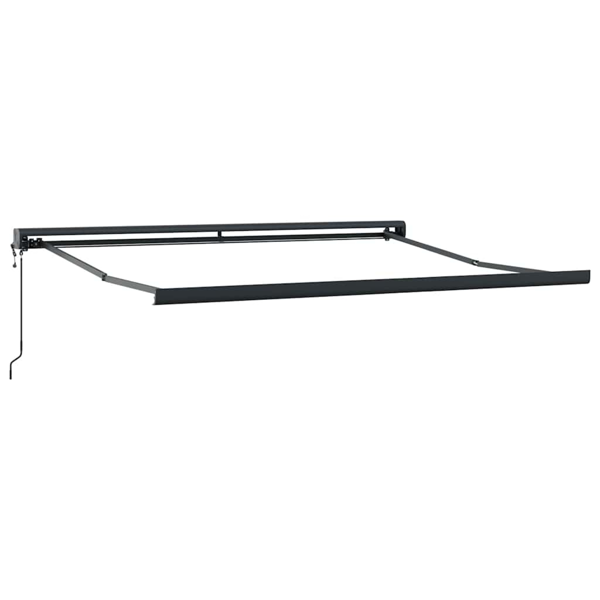 Una tenda da sole nera retrattile, montata su un muro bianco, è estesa. Sono visibili una manovella e bracci di supporto.