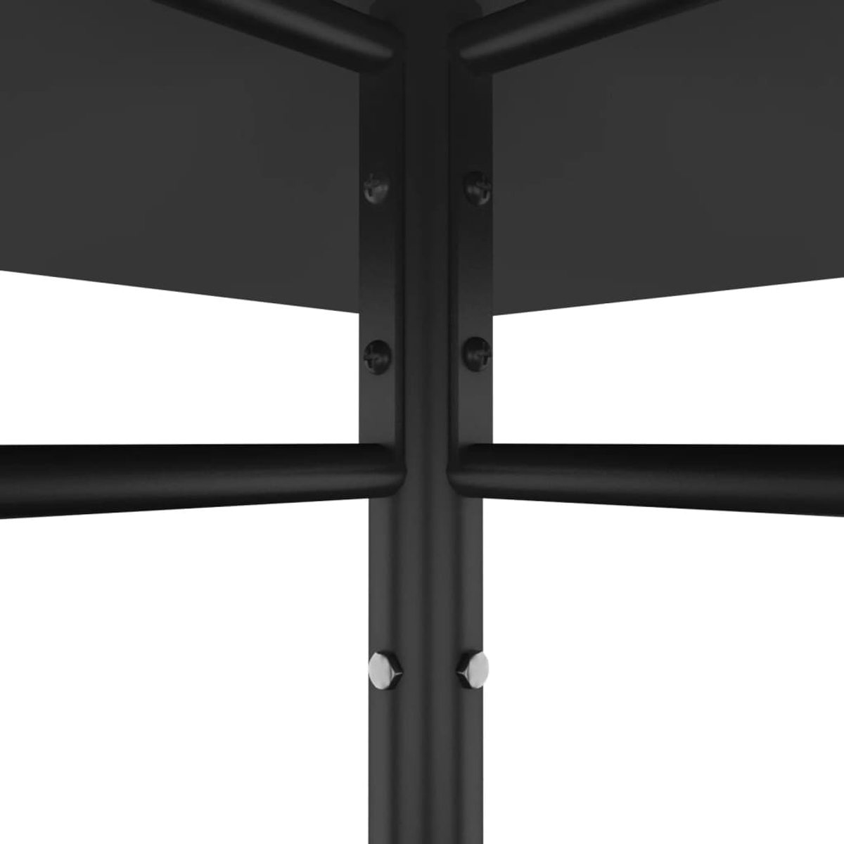 Schwarze Metallkonstruktion, bestehend aus vertikalen Stützen und horizontalen Stangen. Schrauben sind sichtbar. Weißer Hintergrund.