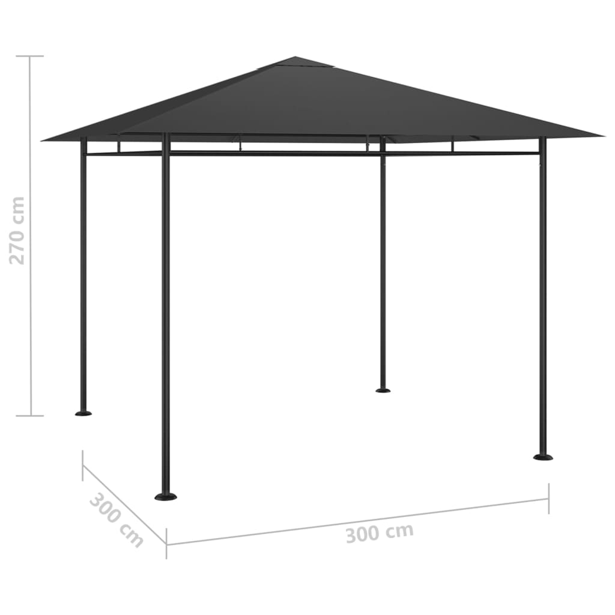 Ein schwarzer Pavillon mit dreieckigem Dach. Er hat vier vertikale Stützbalken und die Maße 300cm x 300cm x 270cm.